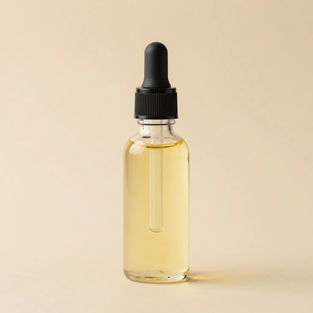 A glass bottle of pure rosehip oil on a light background