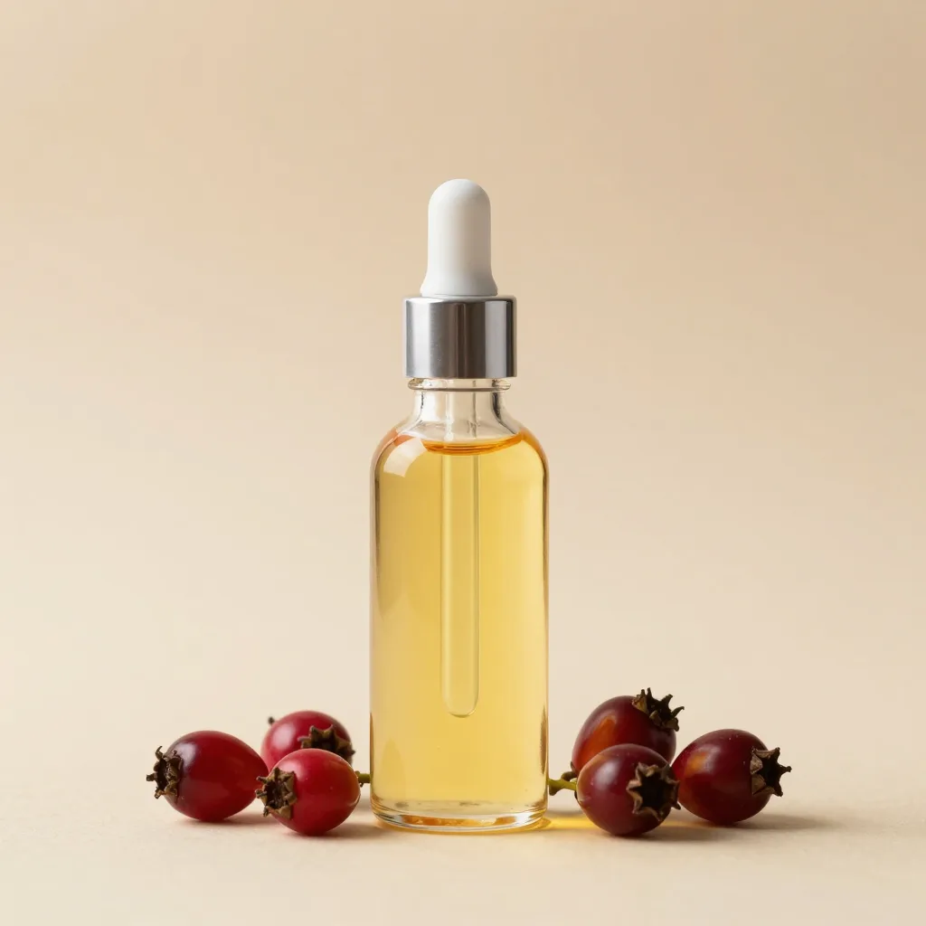 A glass bottle of organic rosehip oil on a light background