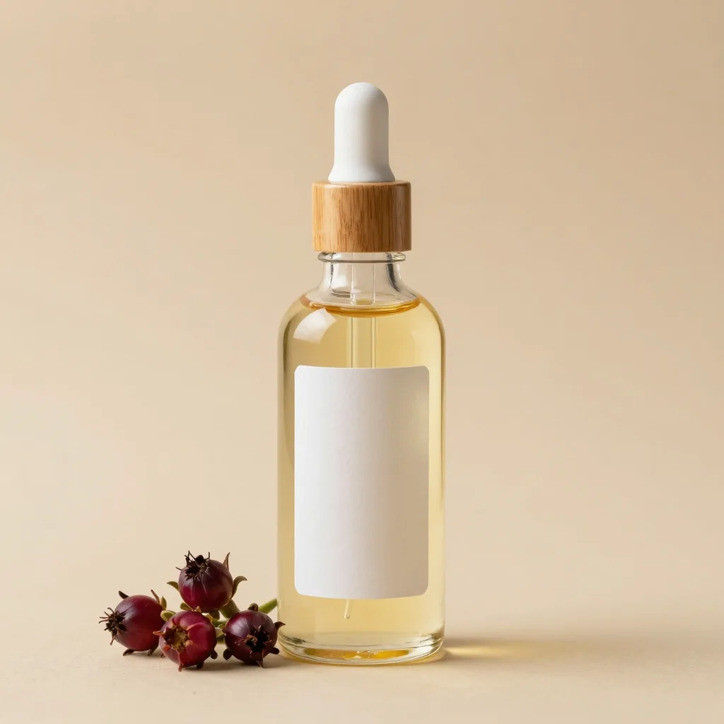A glass bottle of unrefined rosehip oil on a light background