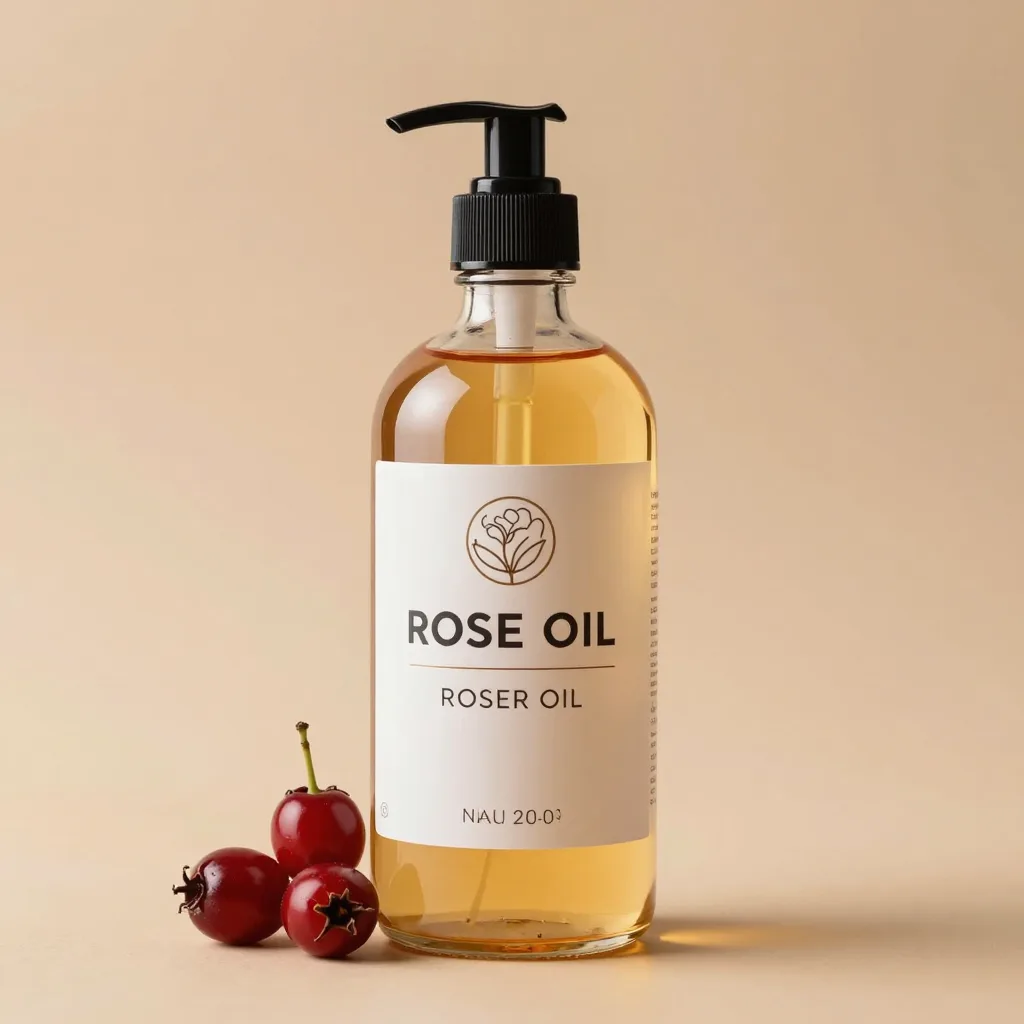 A large bottle of rosehip oil on a light background