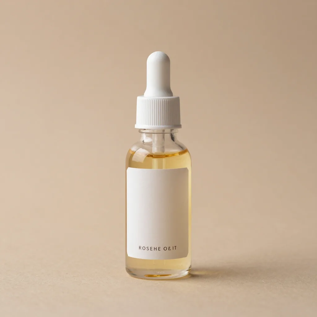 A small travel bottle of rosehip oil on a light background