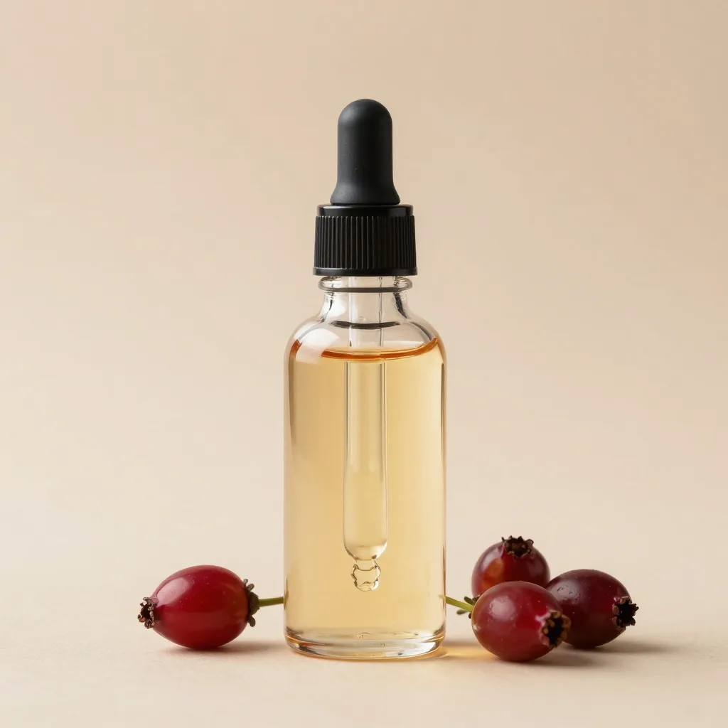 A glass dropper bottle of rosehip oil on a light background