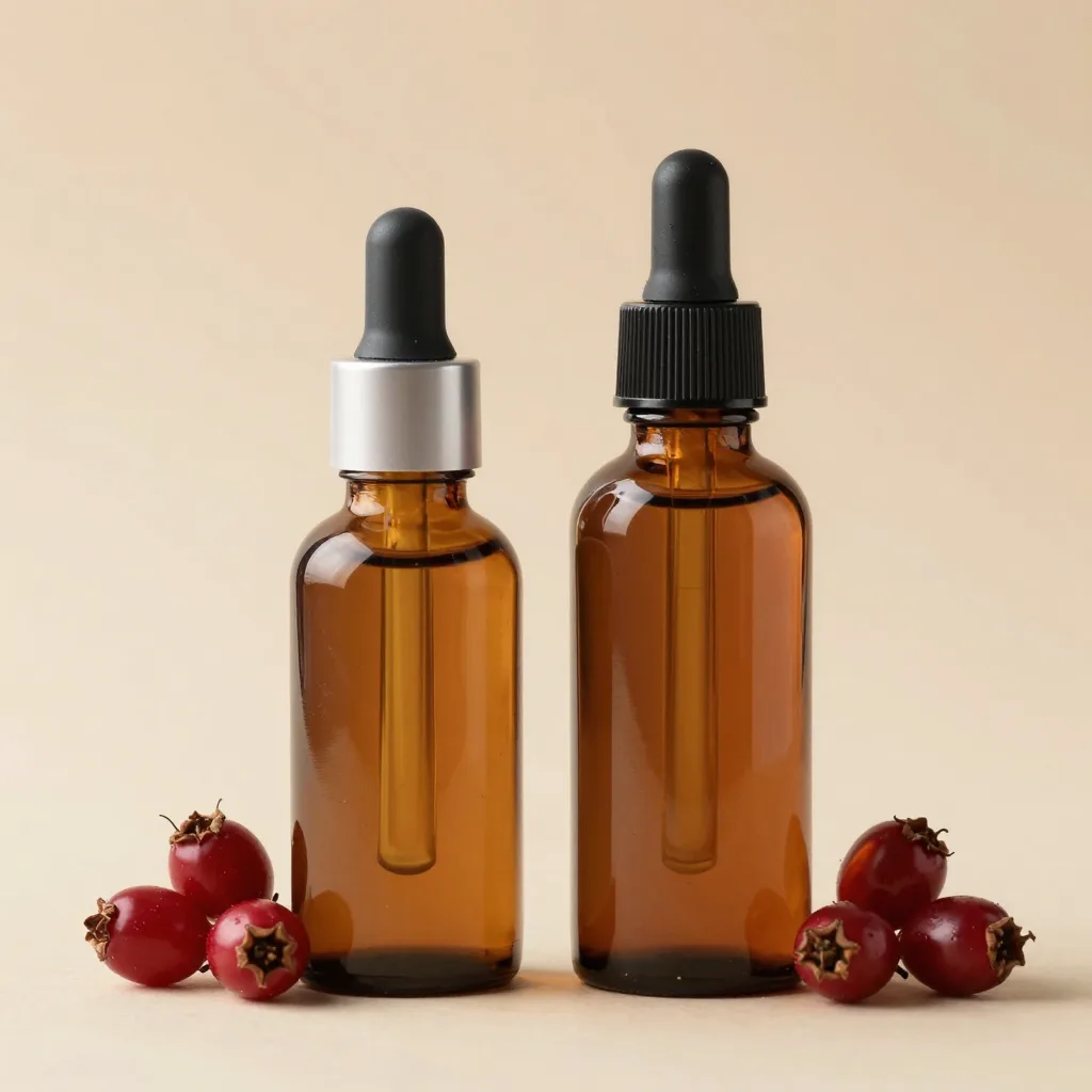 Two bottles of rosehip oil on a light background