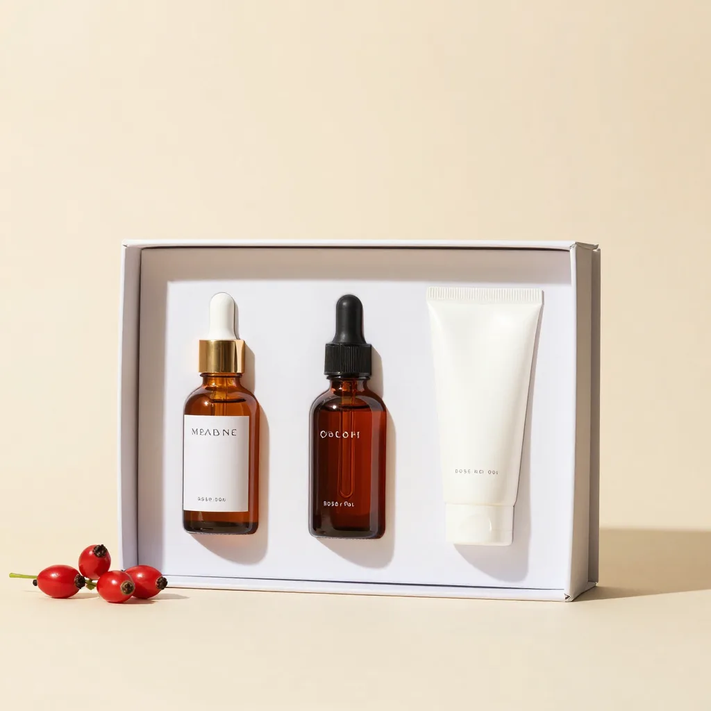 A rosehip oil gift set on a light background