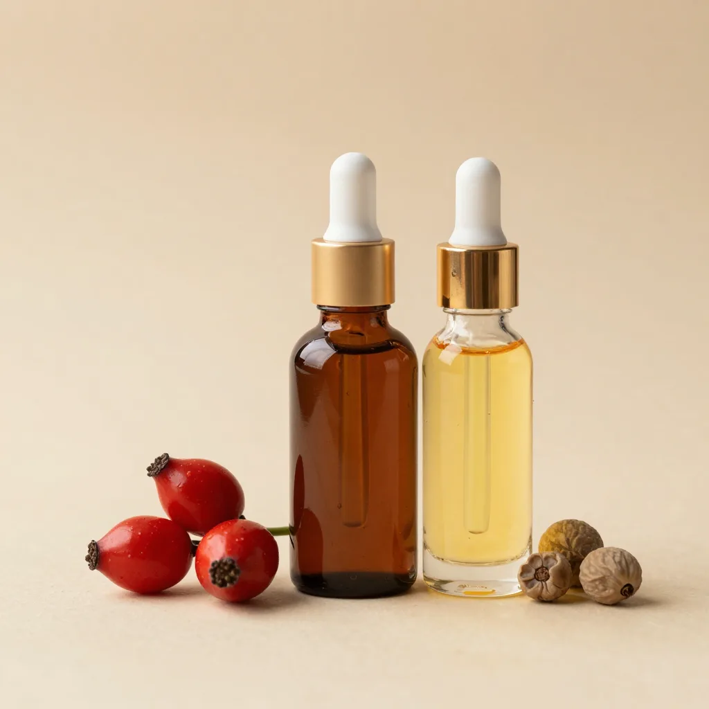 A rosehip and jojoba oil set on a light background
