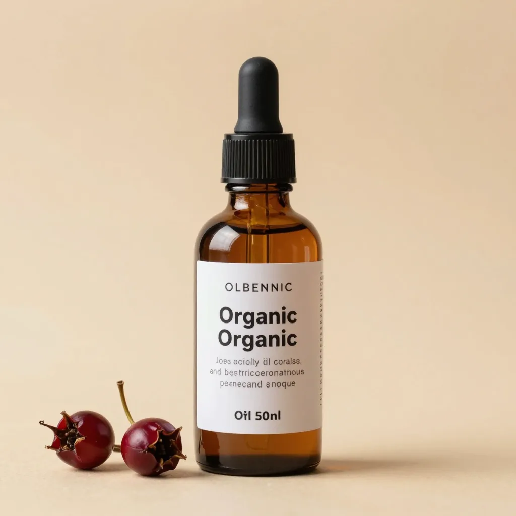 A bulk bottle of organic rosehip oil on a light background